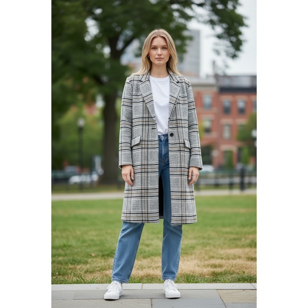 Madewell Coat Womens Size M Gray Plaid Long Overcoat Single Button Pockets wool